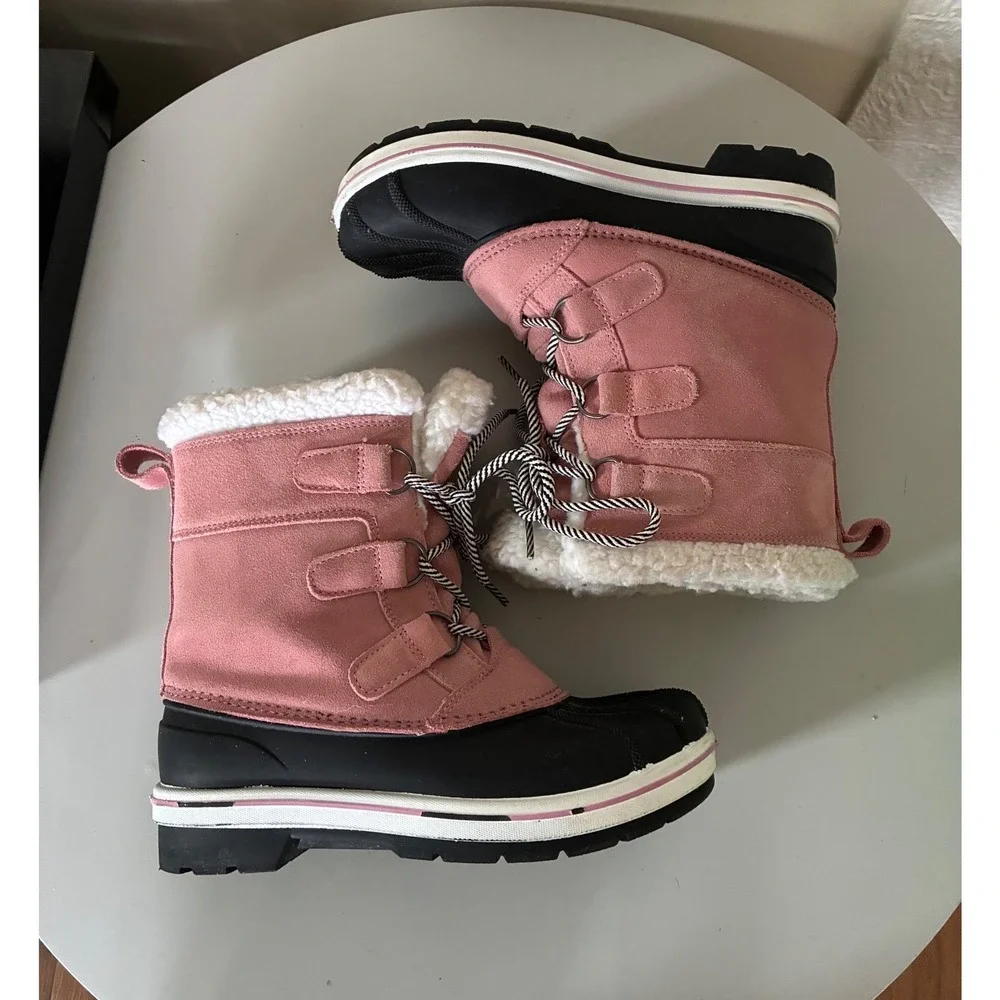 Cat & Jack Girls Pink Black Winter Snow Boots Faux Fur Lined Size 3